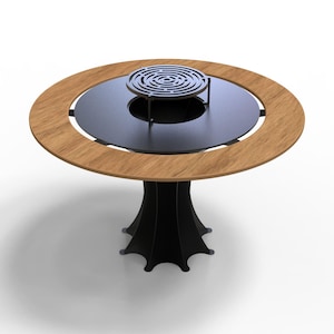 May include: A round outdoor fire pit table with a black metal base and a circular wooden rim. The center features a black metal surface with a decorative grill. The table is designed for outdoor use and entertaining.