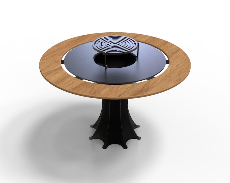 May include: A round outdoor fire pit table with a black metal base and a circular wooden rim. The center features a black metal surface with a decorative grill. The table is designed for outdoor use and entertaining.