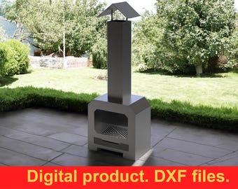 Puede incluir: Una chimenea exterior de metal gris con una chimenea alta y un pequeño techo. La chimenea tiene una base rectangular con una parte delantera abierta y una rejilla en el interior. El texto en la parte inferior dice "Digital product. DXF files."