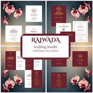 Paquete de invitaciones de boda indias en color granate rubí • 111 plantillas • Canva editable Sangeet Haldi, etc.