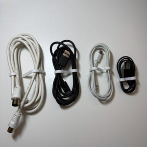 May include: Four coiled cables in white and black, secured with white plastic ties. The cables include a white S-video cable, a black USB cable, a white USB-C cable, and a black USB cable.