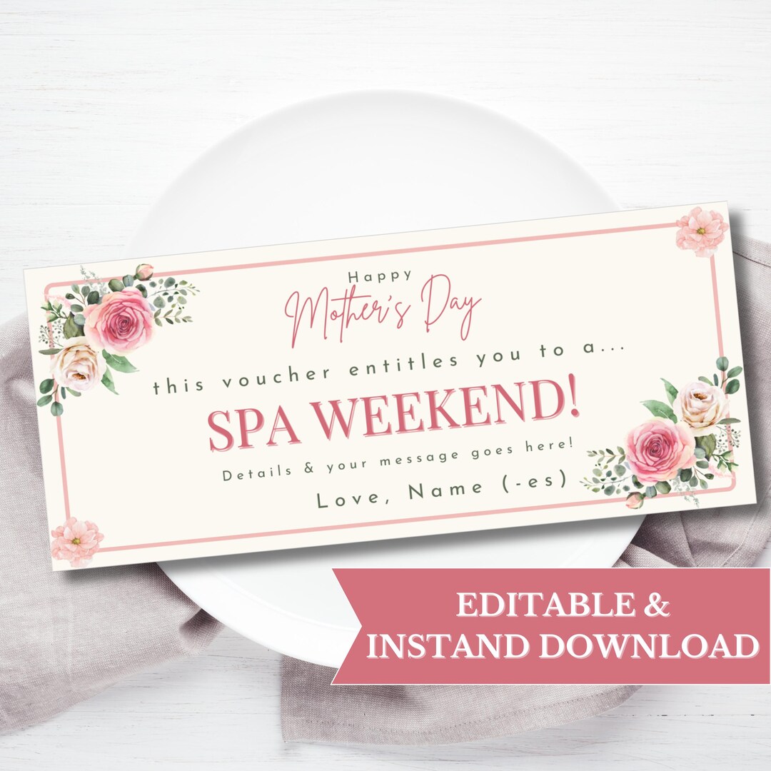 Spa Weekend Gift Voucher Printable, Editable Spa Getaway Coupon ...