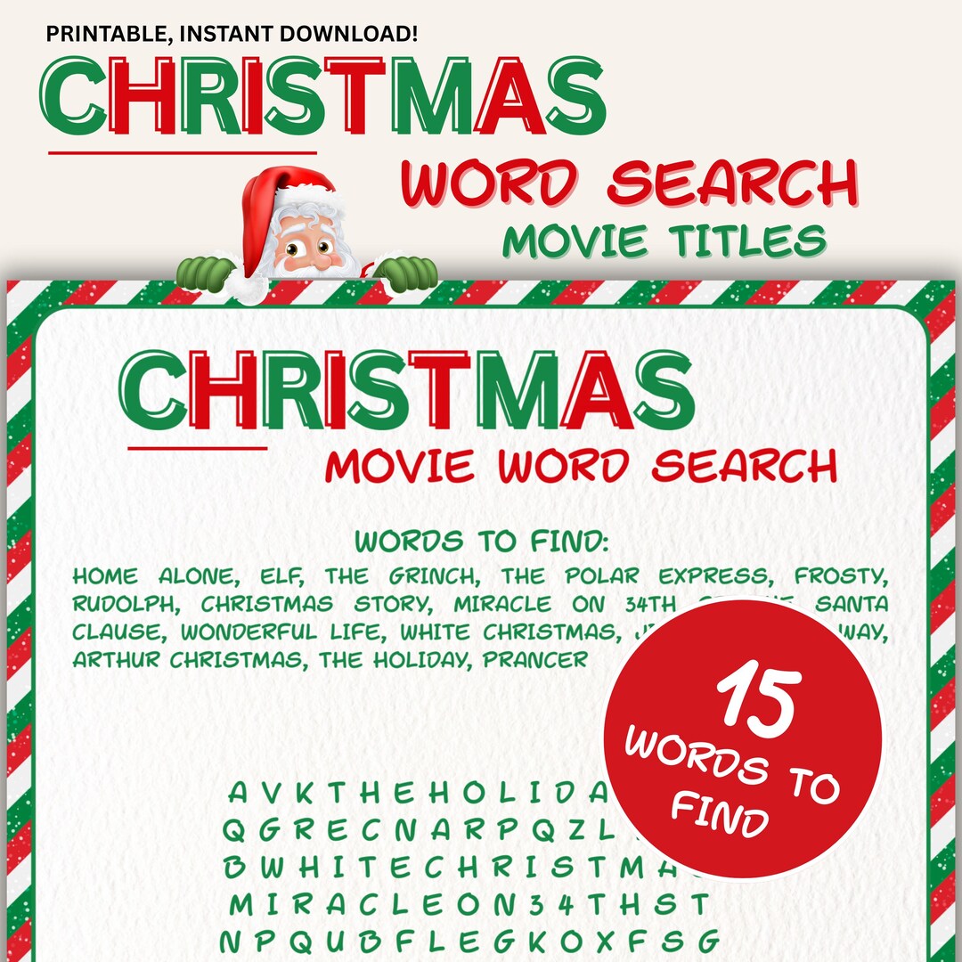 Christmas Movie Word Search Printable – Holiday Puzzle for Kids Teens ...