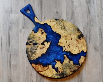 Charcuterie Board Deep Blue Sea Resin and Buckeye Burl - Cutting Board - Round Charcuterie Serving Board - Resin Charcuterie Board- 14x19.5