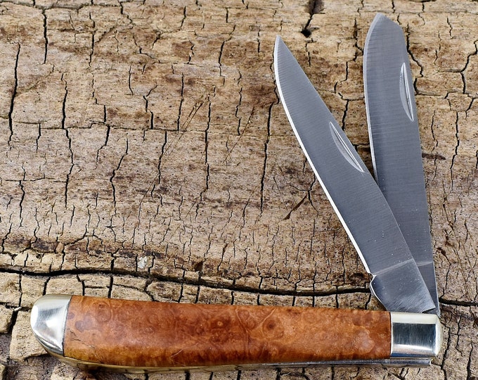 Manzanita Burl Pocket Knife: Classic Two Blade Trapper, Engraving Option