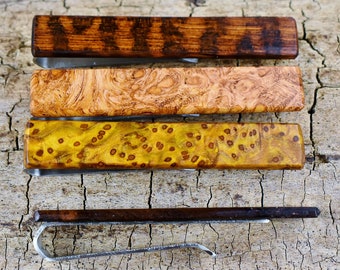 Wood Tie Clip - One Handmade Rare Wood Tie Bar - Custom Engraved - 2 1/4" long Tie Bar - Very Rare Woods - Stainless Steel - Groomsmen Gift