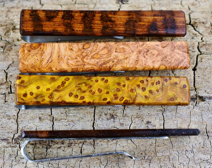 Handmade Wood Tie Clip: Rare Burl Wood, Custom Engraved, Stainless Steel