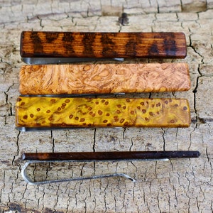 Wood Tie Clip - One Handmade Rare Wood Tie Bar - Custom Engraved - 2 1/4&quot; long Tie Bar - Very Rare Woods - Stainless Steel - Groomsmen Gift