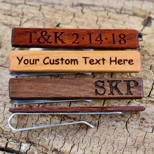 Tie Clip - One Wood Tie Bar Custom Engraved  - (Choose Wood Type) - 2 1/4&quot; long Tie Bar - Wedding Gift - Stainless Steel - Groomsmen Gift