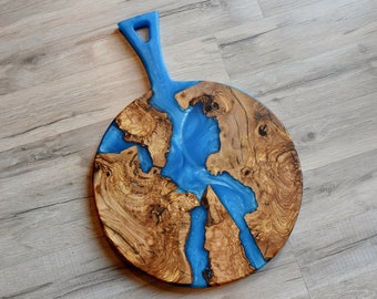 Charcuterie Board Caribbean Blue Resin and Olivewood Burl - Cutting Board - Round Charcuterie Serving Board - 14x19.5