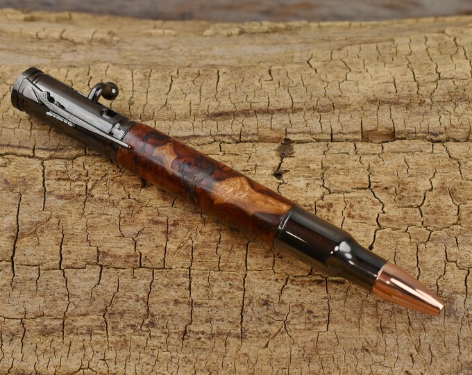 Rare Wood Bolt Action Pen - Southeast Asian Amboyna Burl - Wood Carving - Gun Metal Bolt Action Pen - Hand Carved Wood Pen