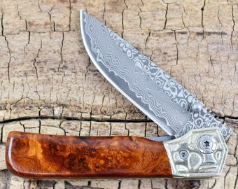 Damascus Pocket Knife with Red Amboyna Burl Handle -  Rare Wood Handle - Wood Pocket Knife - Folder Knife