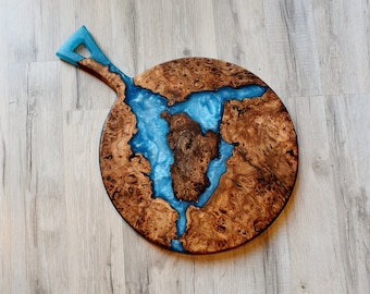 Charcuterie Board Caribbean Blue Resin and Red Elm Burl - Cutting Board - Round Charcuterie Serving Board - Resin Charcuterie Board- 14x19.5