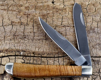 Pocket Knife with Wood Handles - Curly Acacia - Classic Two Blade Trapper - Engraving Option Available - Gift for Men