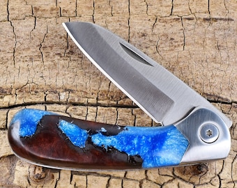 Resin Wood Pocket Knife with Wood Handle - Manzanita Burl Wooden Handle - Wood Pocket Knife - Hunting Knife -