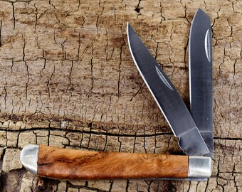 Black Oak Burl Pocket Knife with Wood Handles - Classic Two Blade Trapper - Engraving Option Available - Gift for Men