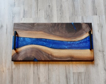 Charcuterie Board Cobalt Blue Resin and Black Walnut - Cutting Board - Live Edge Board - Serving Board - Resin Wood Charcuterie Board- 12x24