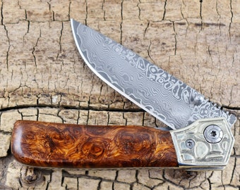 Damascus Pocket Knife with Afzelia Burl Handle -  Rare Wood Handle - Wood Pocket Knife - Folder Knife