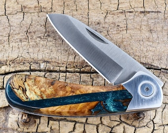 Resin Wood Pocket Knife with Wood Handle - Emerald Green Resin and Black Oak Burl Wooden Handle - Wood Pocket Knife - Folder Knife