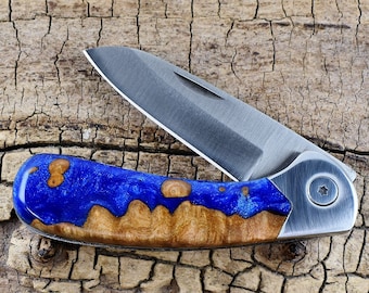 Resin Wood Pocket Knife with Wood Handle - Cobalt Diamond Blue Resin and Madrone Burl Wooden Handle - Wood Pocket Knife - Hunting Knife -