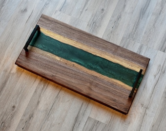 Charcuterie Board Emerald Green Resin and Black Walnut - Cutting Board - Live Edge Board - Serving Board - Resin Charcuterie Board- 12x24