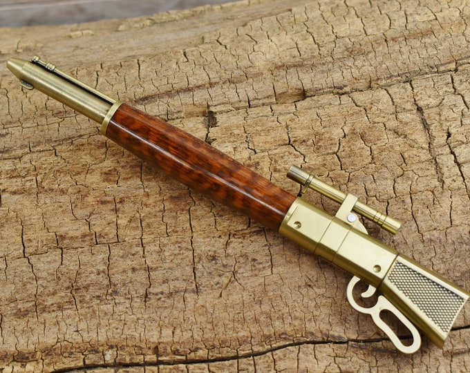 Hand Carved Snakewood Rifle Pen - Lever Action Antique Brass Finish