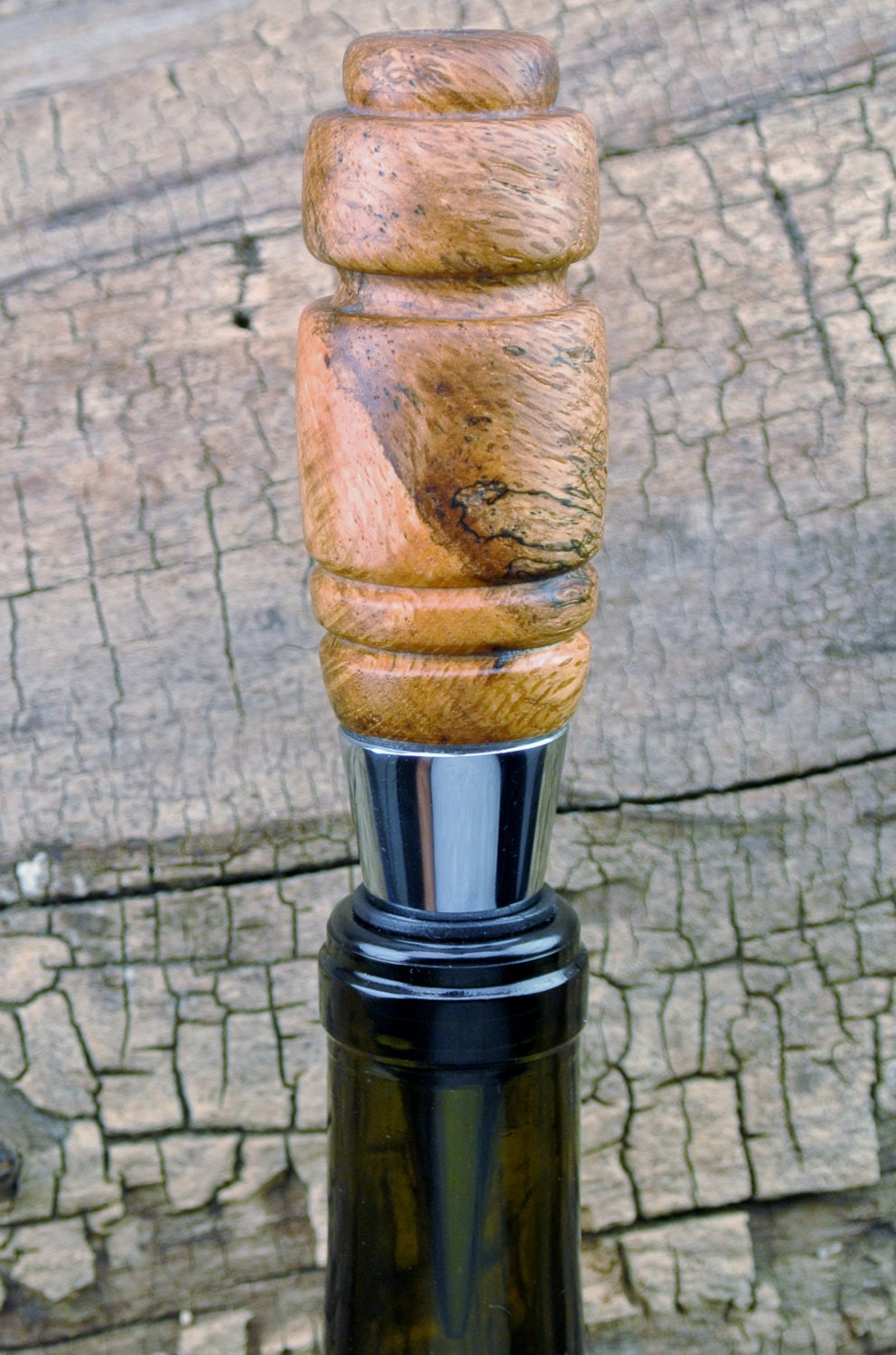Wooden Wine Bottle Stopper Black Oak Burl Chrome Cone Style Bottle