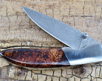 Damascus Pocket Knife with Honduran Rosewood Burl Handle -  Rare Wood Handle - Wood Pocket Knife - Folder Knife