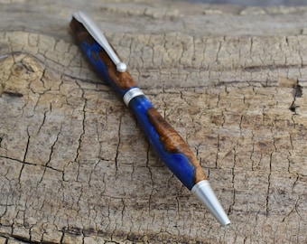 Resin Wood Pen Cobalt Blue Resin Silver Maple Burl Wooden Pen - Groomsmen Gift - Father's Day Gift - Wedding Gift - Graduation Gift