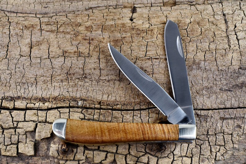 Pocket Knife with Wood Handles Curly Acacia Classic Two Blade Trapper Engraving Option Available Gift for Men image 1
