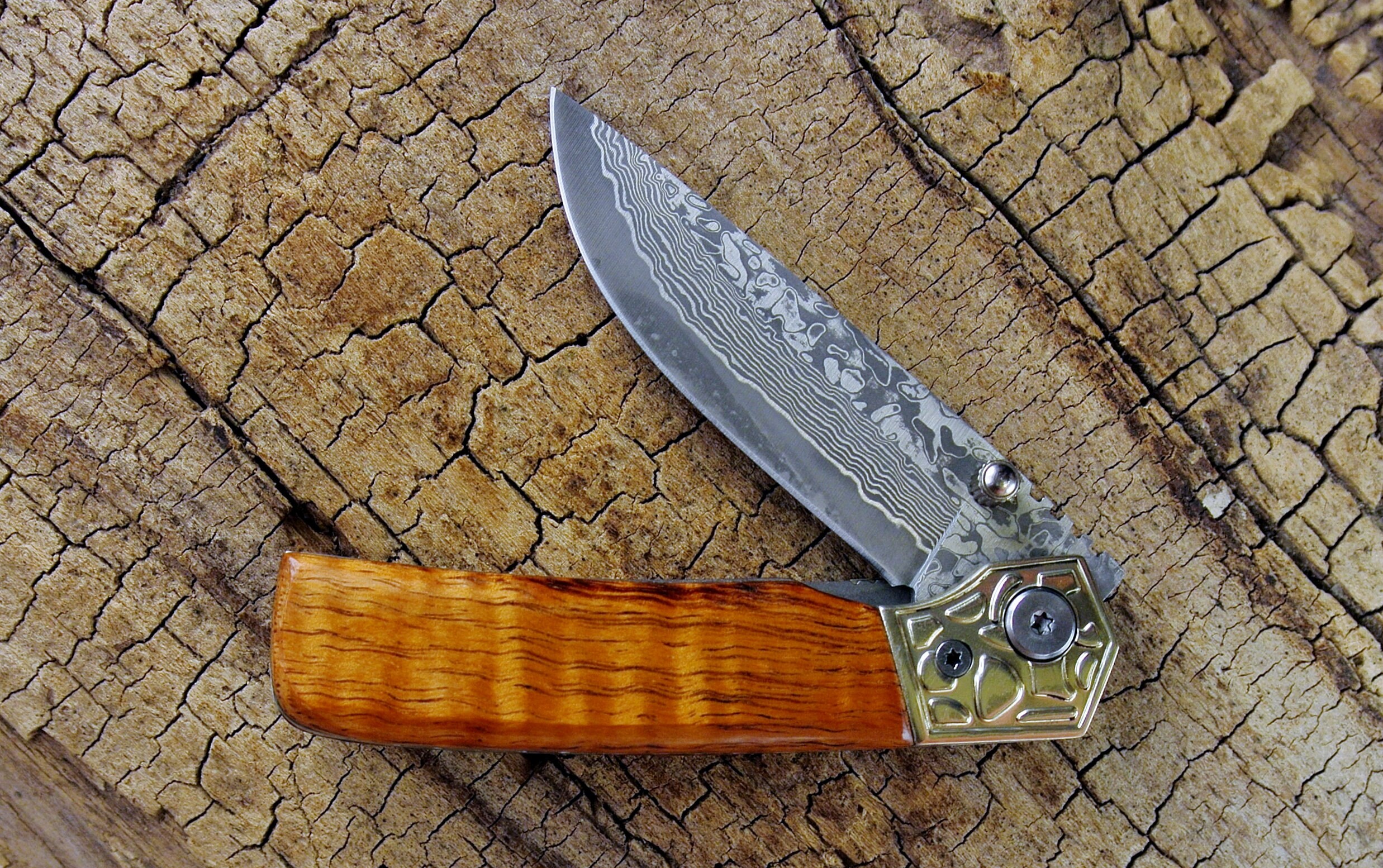 Pocket Knife with Wood Handle Curly Koa Wooden Handle with Damascus Blade Wood Pocket Knife