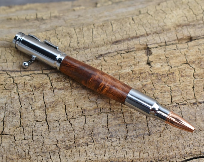 Hand Carved Honduran Rosewood Burl Bolt Action Pen - Chrome Finish