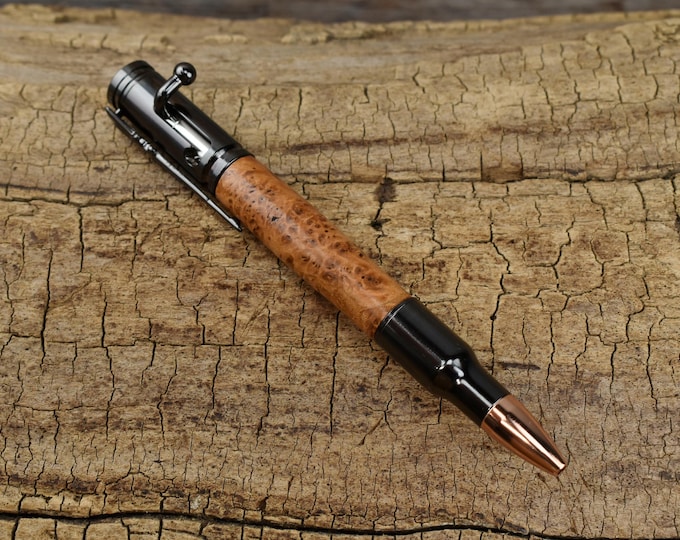 Handcrafted Silver Maple Burl Bolt Action Pen | Gun Metal Finish