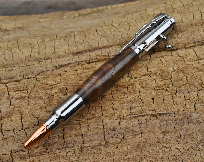 Hand Carved Walnut Burl Bolt Action Pen - Chrome Finish