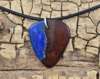 Manzanita Burl Guitar Pick Pendant Necklace: Cobalt Blue Resin, Handmade