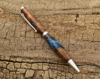 Resin Wood Pen - Aluminum Blue Resin Elm Burl Wooden Pen - Groomsmen Gift - Father's Day Gift - Wedding Gift - Graduation Gift
