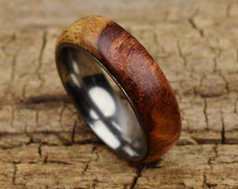 Rare Southeast Asian Amboyna Burl Ring - Stainless Steel Core - Size 11 1/2 - 8MM (0.31 inches) Wide - Wedding Ring - Wedding Band