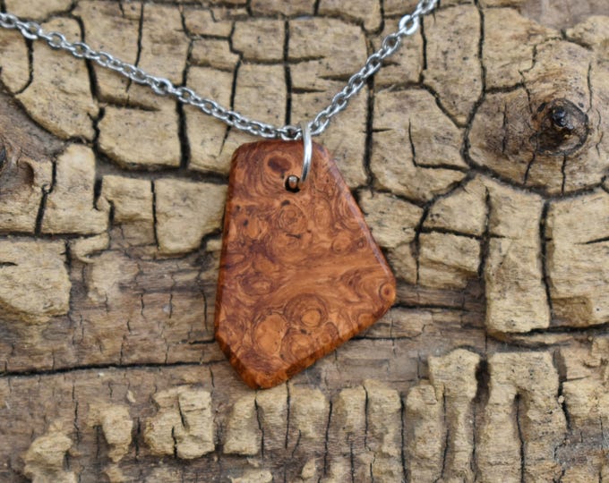 Afzelia Burl Wood Pendant Necklace: Handmade Rare Wood, 20 inch Chain
