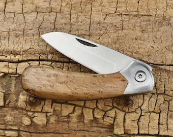 Pocket Knife with Birdseye Maple Handle - Wood Pocket Knife - Hunting Knife- Engraving Option Available