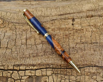 Resin Rare Wood Pen - Cobalt Blue Resin Apricot Burl Wooden Pen - Gold Plated Finish