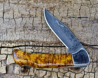 Damascus Pocket Knife with Chittum Burl Handle -  Rare Wood Handle - Wood Pocket Knife - Folder Knife