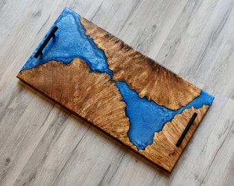 Charcuterie Board Caribbean Blue Resin and Maple Burl - Live Edge Board - Serving Board - Resin Wood Charcuterie Board - 12x24