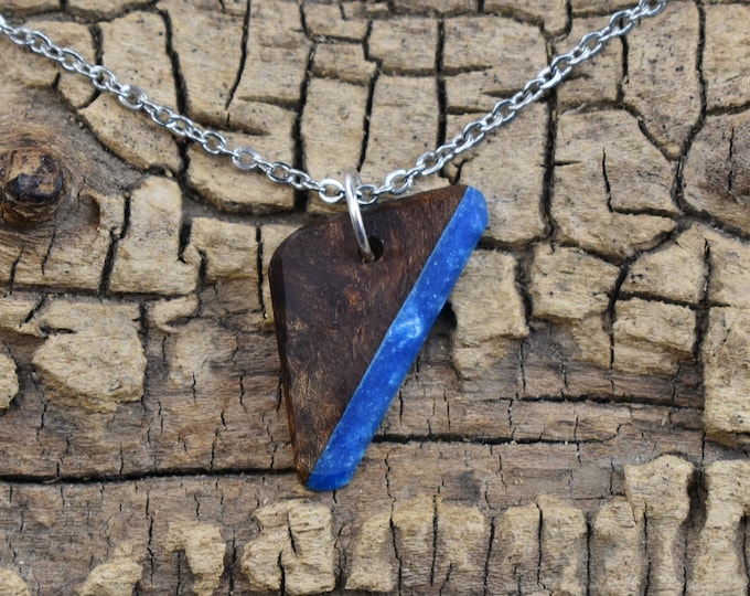 Elm Burl Wood Pendant Necklace: Caribbean Blue Resin, 20in Chain