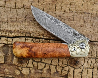 Handcrafted Damascus Pocket Knife – Afzelia Burl Wood Handle