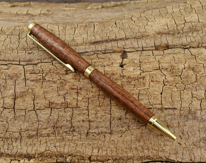 Hawaiian Curly Koa Wood Pen – Slimline Twist | Gold Finish