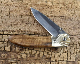 Pocket Knife with Curly English Walnut Wood Handle - Wood Pocket Knife -  Hunting Knife