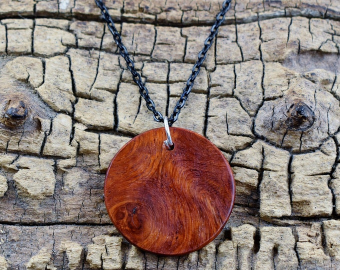 Afzelia Burl Wood Pendant Necklace: Handmade Rare Wood, 18 inch Chain