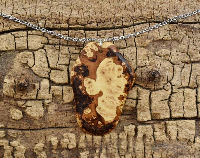 Handmade Redbud Burl Wood Pendant Necklace - 24 inch Chain