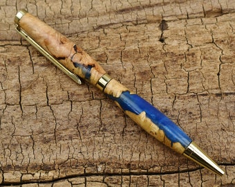 Resin Wood Pen - Cobalt Blue Resin Maple Burl Wooden Pen - Groomsmen Gift - Father's Day Gift - Wedding Gift - Graduation Gift