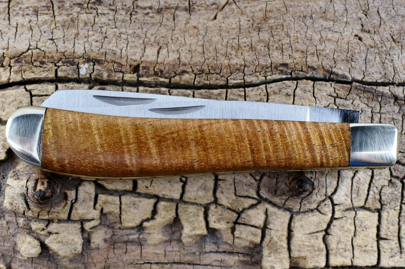 Pocket Knife with Wood Handles Curly Acacia Classic Two Blade Trapper Engraving Option Available Gift for Men image 3